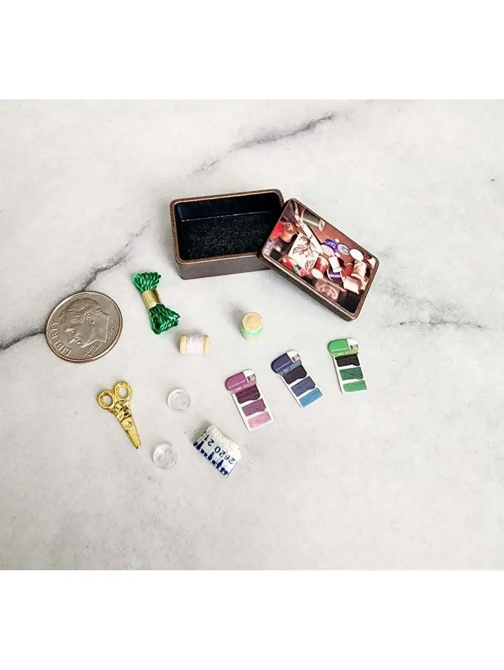 Miniature Dollhouse Sewing Box Kit Mini Green Thread Scissors Buttons